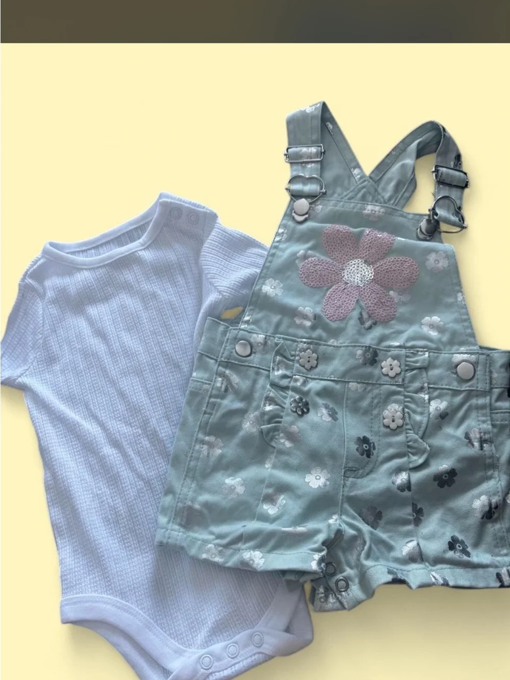 Toddler Mint Green Floral Overalls Set with White Bodysuit